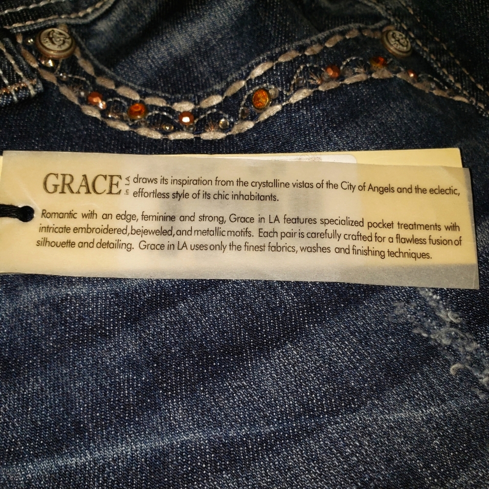Grace In LA NEW Jeans Denim Embellished Jewel Stud Bead Mesh Slim Bootcut Womens - Picture 8 of 16